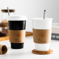 Nordic style handy cup double-layer ceramic anti-scalding solid color mug creative coffee cup household large capacity spoon with lid