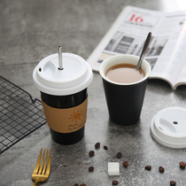 American car handy ceramic double-layer mug Solid color creative coffee personality household cup large capacity with lid spoon