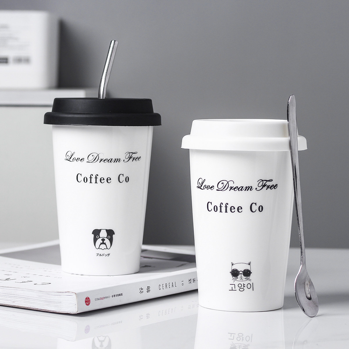 Han Style Accompanying Cup Straw Cup Brief Creative Coffee Milk Tea Cup Ceramic Mark Cup Office Large Capacity Cover Spoon