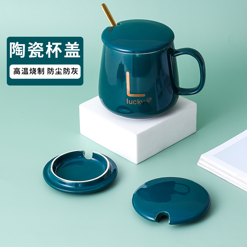 Ceramic cup cover Dark green Mug cover Dustproof cup cover Universal universal glass cover accessories Spoon with top