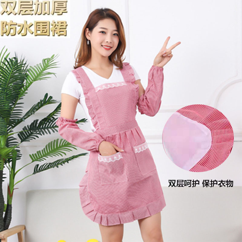 Waterproof Apron Woman Pure Cotton Home Kitchen Cook Hug Bag Type Han Edition Fashion Cute Dining Room Work Anti-Oil Hood Garment