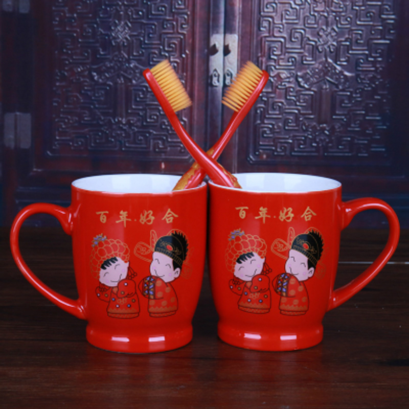 Wedding ceramic pair cup couple mouthwash cup wedding dowry supplies red tooth cylinder toothbrush set cup pair