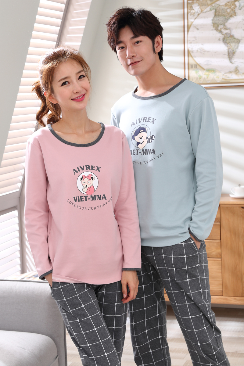 Bộ đồ ngủ đôi dài tay phù hợp với cotton nữ mùa thu đồ ngủ mùa xuân và mùa thu nam dịch vụ tại nhà phiên bản Hàn Quốc có thể được mặc đồ bộ kiểu