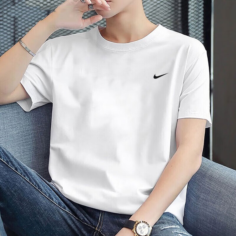 Nike Genuine Pure Cotton White T-Shirt Men's New Short-Sleeved Round Neck Breathable Sportswear Five-Quarter Sleeve Top