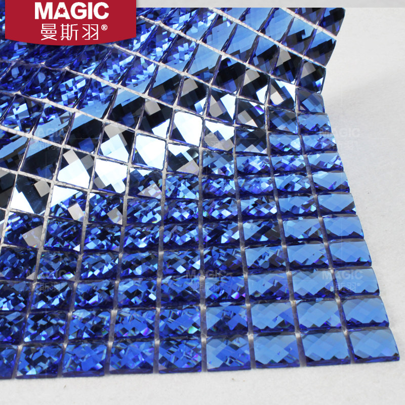 Blue mirror shiny diamond mosaic background wall Self-adhesive glass mirror wall sticker border decoration material Living room simple