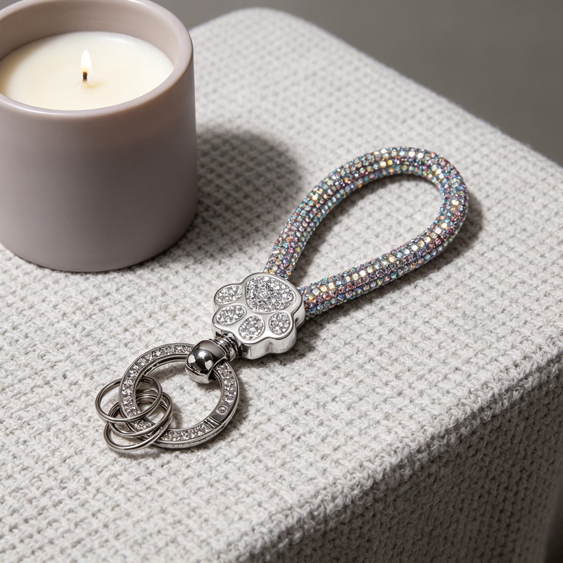 Cute Diamond-Encrusted Cat Paw Electric Car Keychain, Exquisite and Simple Pendant for Women, Spring Ring Universal Clasp
