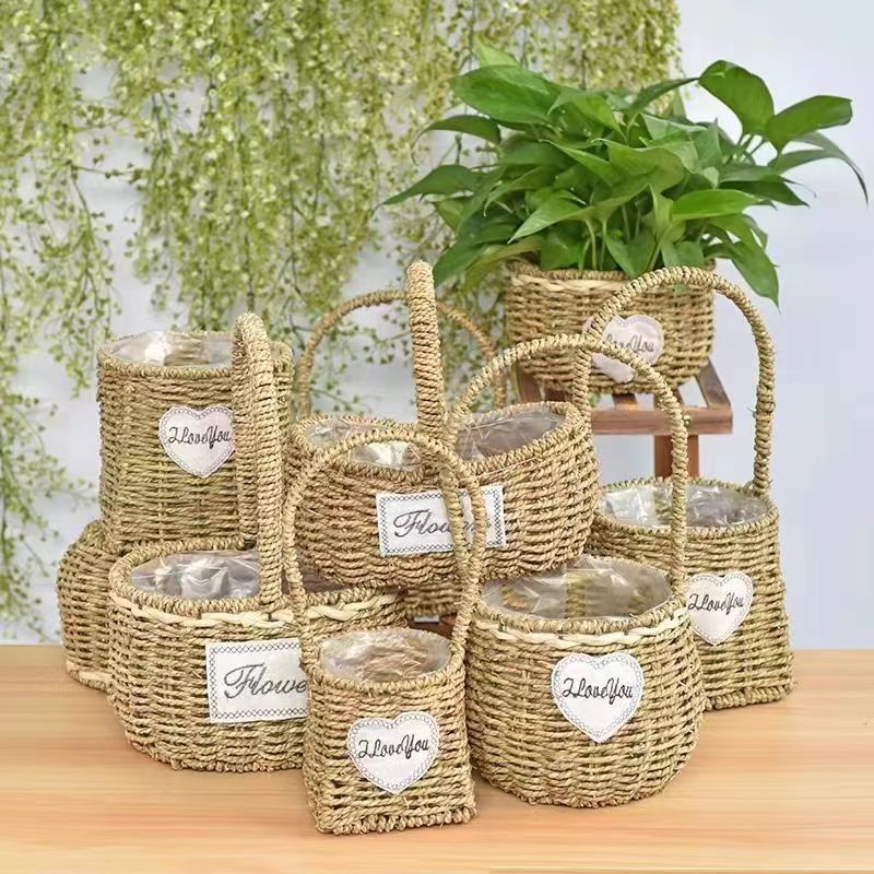 Grass choreographete basket vines with flower arrangements livingroom dry flower flower arrangement decoration pendulum pieces field hand wall-mounted flower shelf chicken egg white flowers blue-Taobao