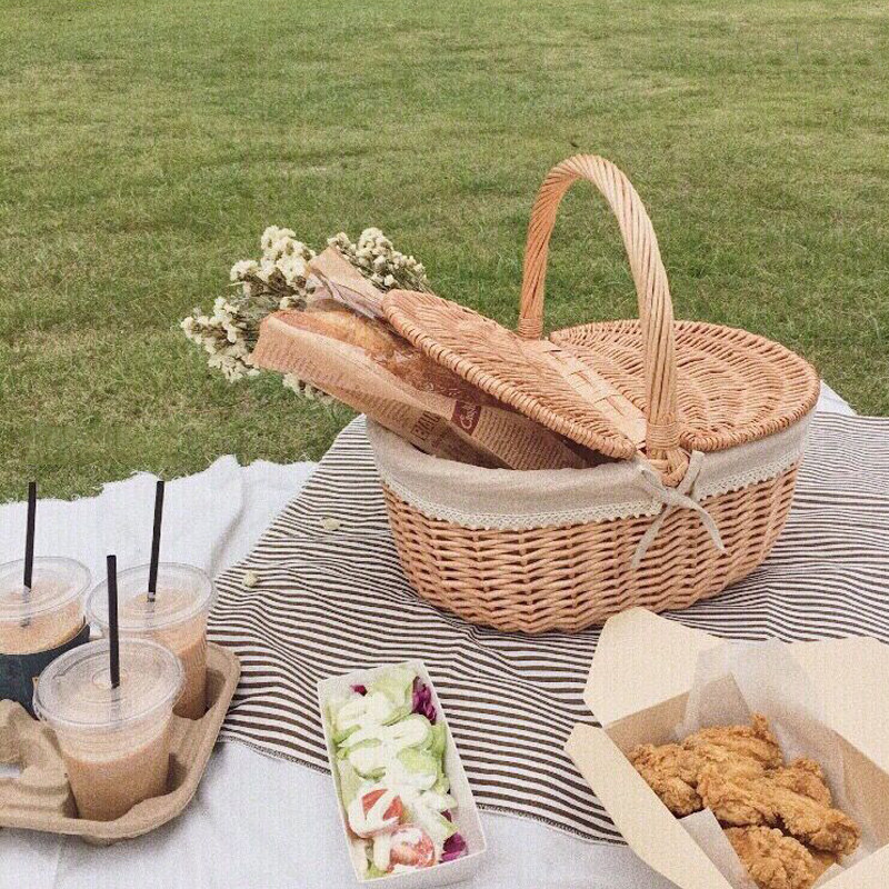 Picnic basket ins props Net red supplies full outdoor willow rattan pastoral style with lid bamboo basket tote basket