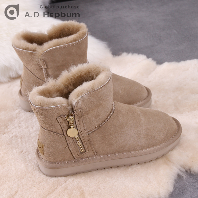 MAROLIO When season new ~ genuine leather side zipped snow ground boots female leather wool One winter plus suede warm cotton shoes-Taobao