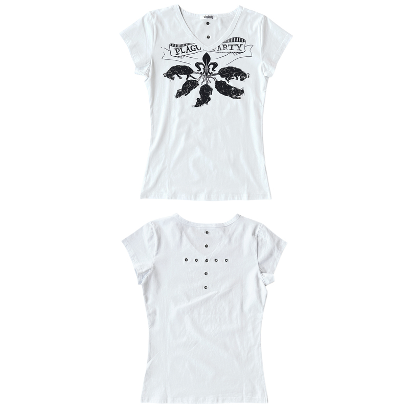Crybaby “Plague Party” V-Neck Punk Print Cross Metal Hole Short-Sleeve T-Shirt Subculture Style
