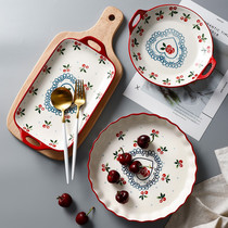 Kumagaya group Japanese hand-painted cherry ceramic dinner plate Vegetable plate Fish plate Binaural cake baking plate Creative household tableware