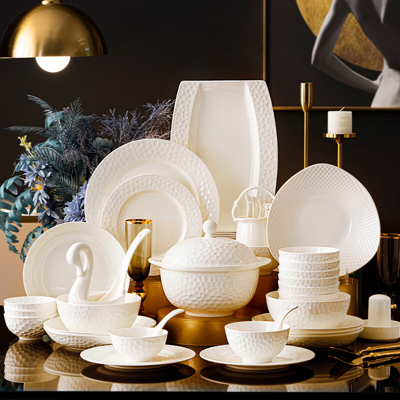 Jingdezhen Bone China Tableware for Moving into a New Home, Pure White Bowls and Plates, Underglaze Color Bowl and Plate Set, Household Tableware Complete Set for Gift Giving