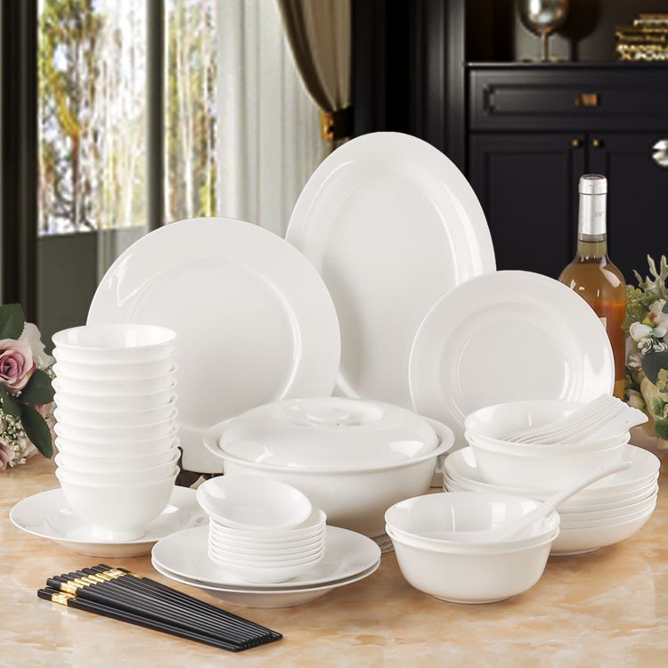 Jingdezhen Fine Bone China Tableware Pure White Simple Chinese Style Bowl and Plate Set Household Dish Set Housewarming Gift