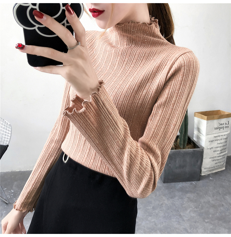 Áo len mùa thu mới phiên bản Hàn Quốc của áo sơ mi cổ cao tay áo cánh sen áo len mỏng mùa thu dài tay áo đáy quần nữ áo len nữ đẹp