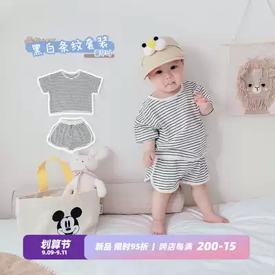 Luca mom black and white striped short sleeve two-piece two-piece shorts INS summer baby 0-2 year old boy and girl suit