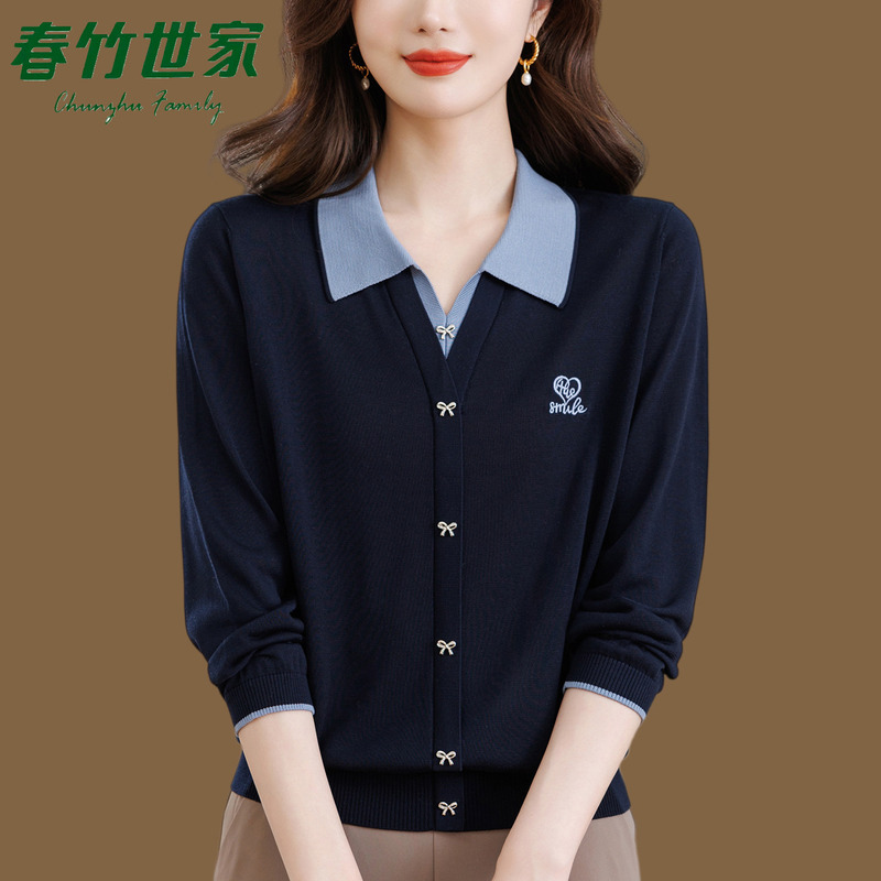 Spring Bamboo World Middle-Aged Mother's Spring Clothing Collared Knitted T-Shirt for Women, Loose Fit, Large Size, High-End Faux Two-Piece Base Shirt Spring Bamboo World Middle-Aged Mother's Spring Clothing Collared Knitted T-Shirt for Women, Loose Fit, Large Size, High-End Faux Two-Piece Base Shirt
