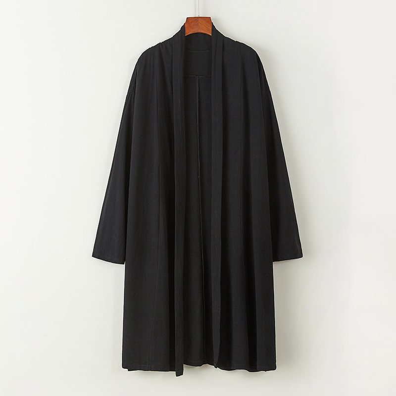 Improved Hanfu Chinese Tang-Style Mid-Length Linen Cotton Robe Long Coat Trench Coat Cardigan for Young Men Ethnic Retro Style