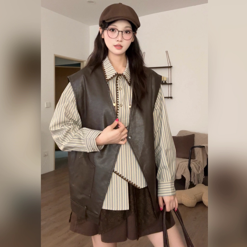 Vgvl Retro Coffee-Colored Early Autumn Layering 2025 New Leather Vest Fashionable and Stylish Niche Waistcoat Vest