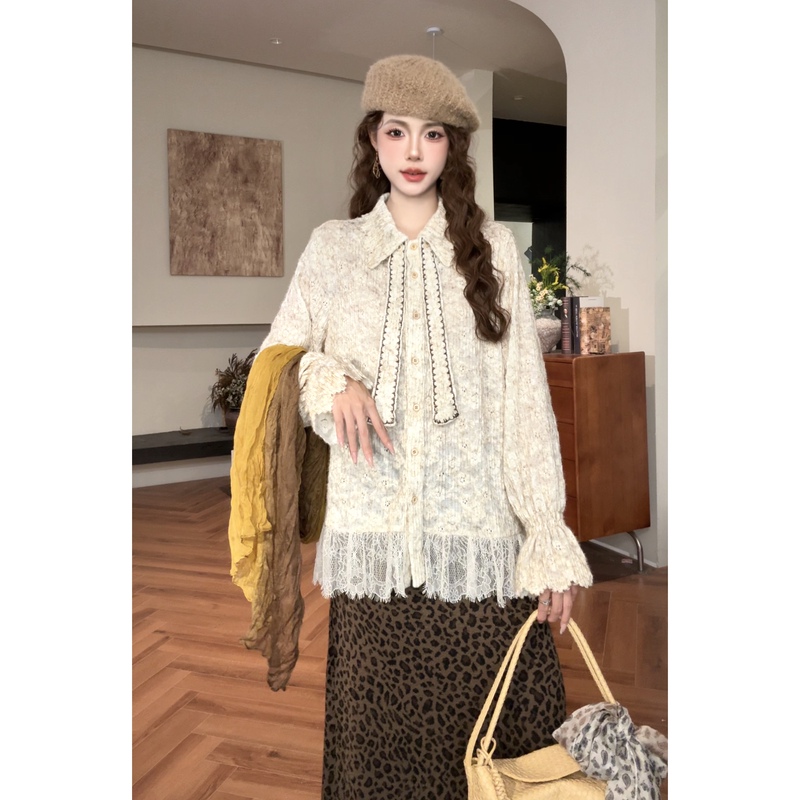 Mingming Top [Li Ge] French Lace Patchwork Shirt for Women, Autumn Layered Ribbon Top 22129