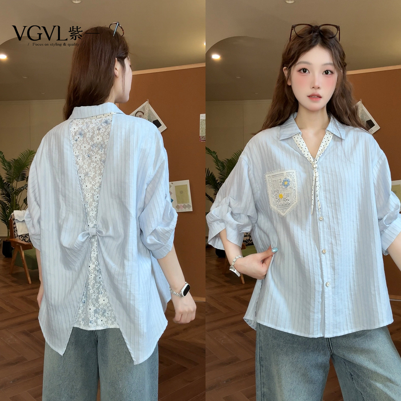 Vgvl Round-Neck Top Summer Design Lace Splicing Versatile Fresh Shirt 21682