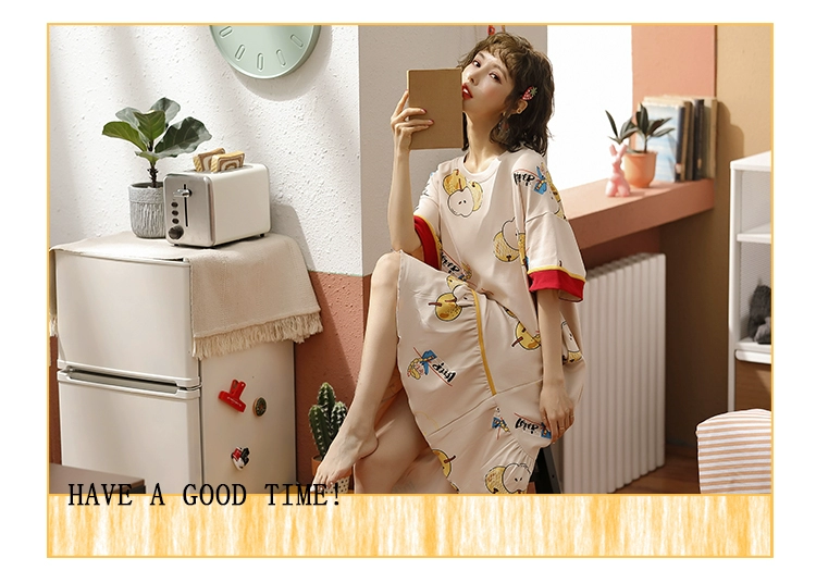 Váy ngủ nữ mùa hè cotton tinh khiết ngắn tay phiên bản Hàn Quốc rộng rãi cotton kích thước lớn mặc ở nhà dài trên đầu gối đồ ngủ cho học sinh - Đêm đầm