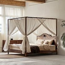 Wabi-sabi style canopy bed solid wood four-poster bed double new Chinese style tatami floor bed and breakfast hotel furniture customization