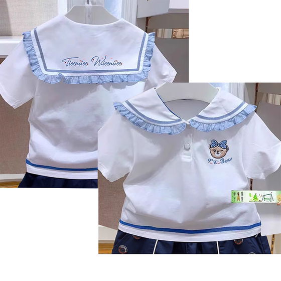 Spot special summer new children's girls' clothing navy lapel pure cotton short-sleeved T-shirt inspection quality
