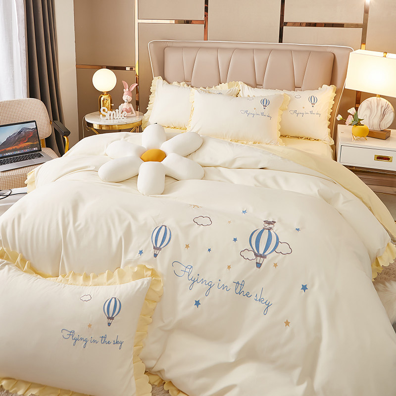 Han Style Rice White Balloon Light Extravagant Bed Four Pieces Of Dormitory Bed Linen Bed Skirt Washed Cotton Princess Wind Embroidery Quilt Cover