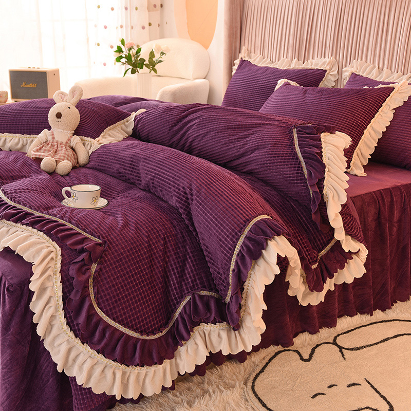 Winter corn suede double layer of lotus leaf side covered with milk suede 4 pieces Thickened Coral Suede Warm Bed Skirt Style