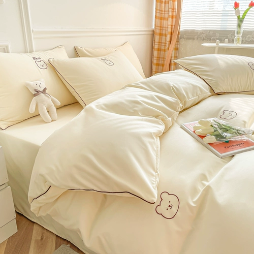 Желтый комплект, хлопковая простыня, пододеяльник, легкий роскошный стиль, простой и элегантный дизайн, с медвежатами, с вышивкой, 4 предмета, постельные принадлежности