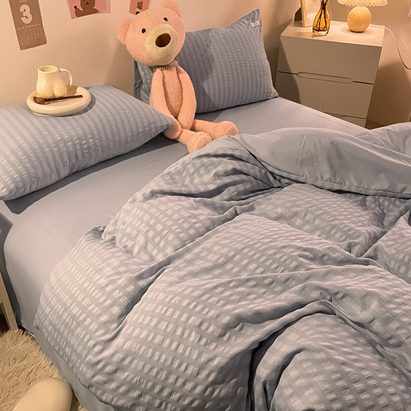 ins minimalist light blue bed with four pieces of water washed cotton single dormitory bed linen quilt main wind girl heart 1 8