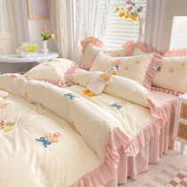 ins Han version Princess Wind bed skirt Four pieces Washed Cotton Embroidered Girl Hearts Sheets Quilt Cover Bed Bedding