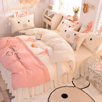 ins spring and summer cute simple cute rabbit pure cotton four-piece princess style naked sleeping non-slip bed skirt quilt cover bedding 4