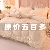 Winter corn velvet milk velvet four-piece ruffle quilt cover double-sided coral velvet warm bed linen bed skirt