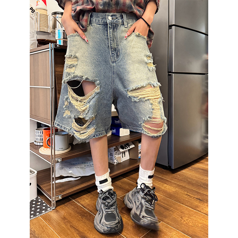 Necoyep American Retro Washed Distressed Fashionable Denim Shorts for Men and Women, Summer Loose Casual Cool Knee-Length Shorts Necoyep American Retro Washed Distressed Fashionable Denim Shorts for Men and Women, Summer Loose Casual Cool Knee-Length Shorts