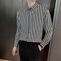 Korean striped plaid long-sleeved shirt male Korean version of the tide of body repair