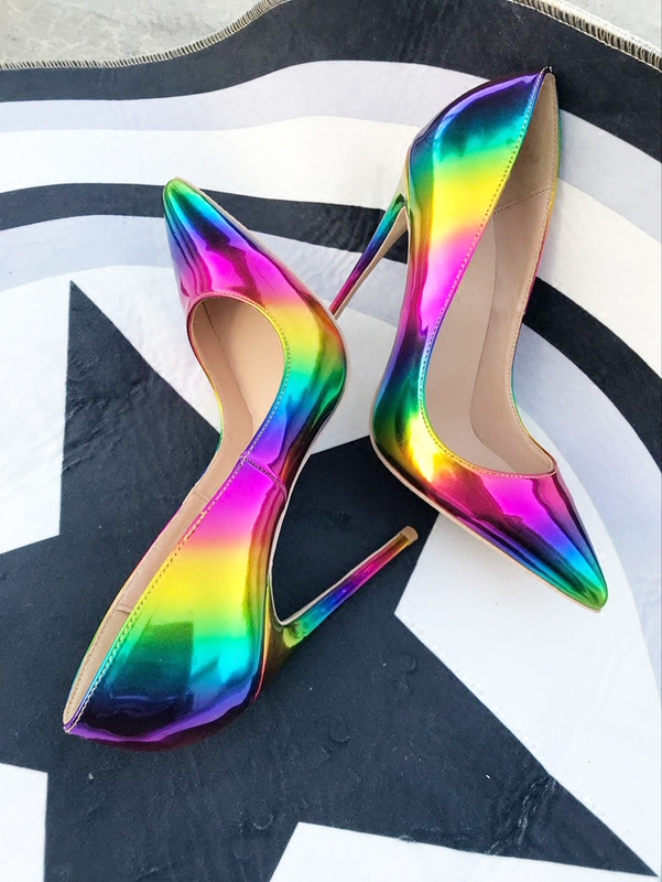 European and American New Style 12cm Rainbow Color-Blocked High Heels for Women, Stiletto Heels, Ol Pointed Toe, Sexy Shallow Mouth Single Shoes, Large Size 43 44