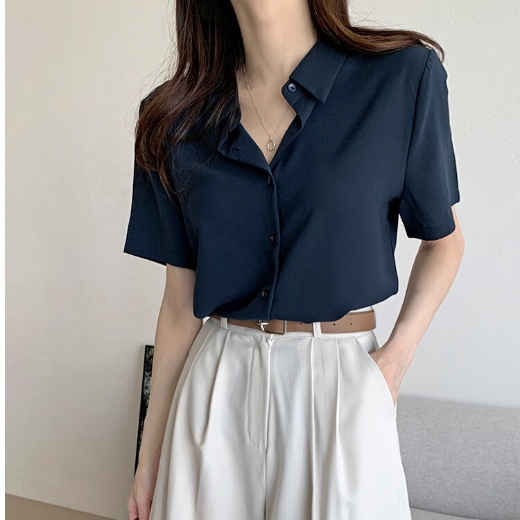 Summer Short-Sleeved Shirt for Women 2025 New Style Elegant Commuter Lapel Navy Dark Blue Professional Chiffon Blouse Top