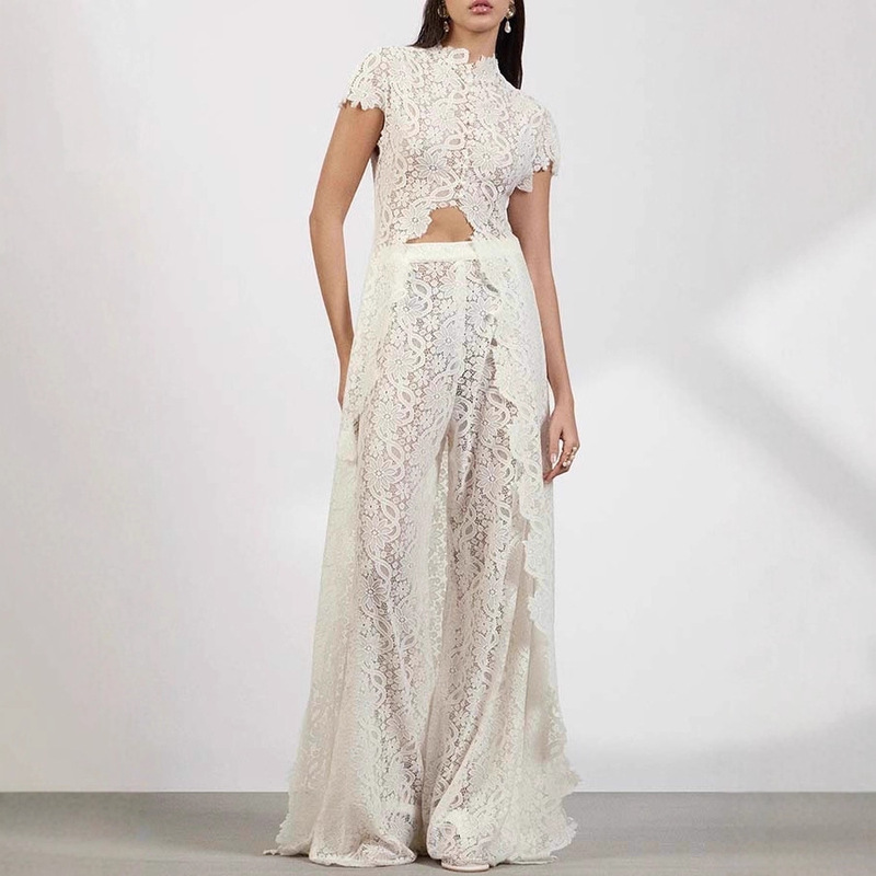 European and American Women's Lace Solid Color Dress with Hollow Round Neck, Fashionable Sleeves and Front Slit