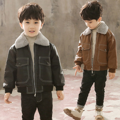 Children's clothing boys' foreign gas leather jacket plus fleece jacket 2022 autumn/winter clothes in the big boy baby warm plus thick leather jacket