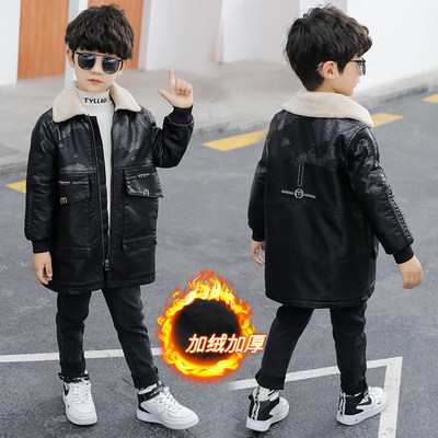 Children's clothing boys plus velvet thickened 2022 autumn and winter new leather jacket middle and big boys thickened mid-length leather jacket tide