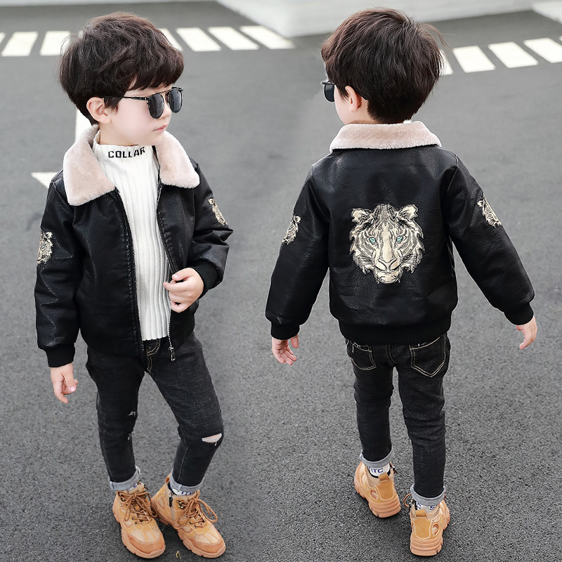 Children's clothing boys fleece jacket 2022 new Korean version handsome trendy autumn and winter children's leather jacket thickened top jacket