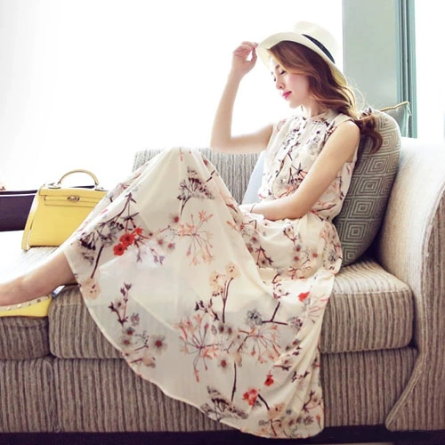 2019 mùa hè mới của phụ nữ hàn quốc váy voan mỏng giảm béo in dài không tay váy dài đi biển - Váy dài