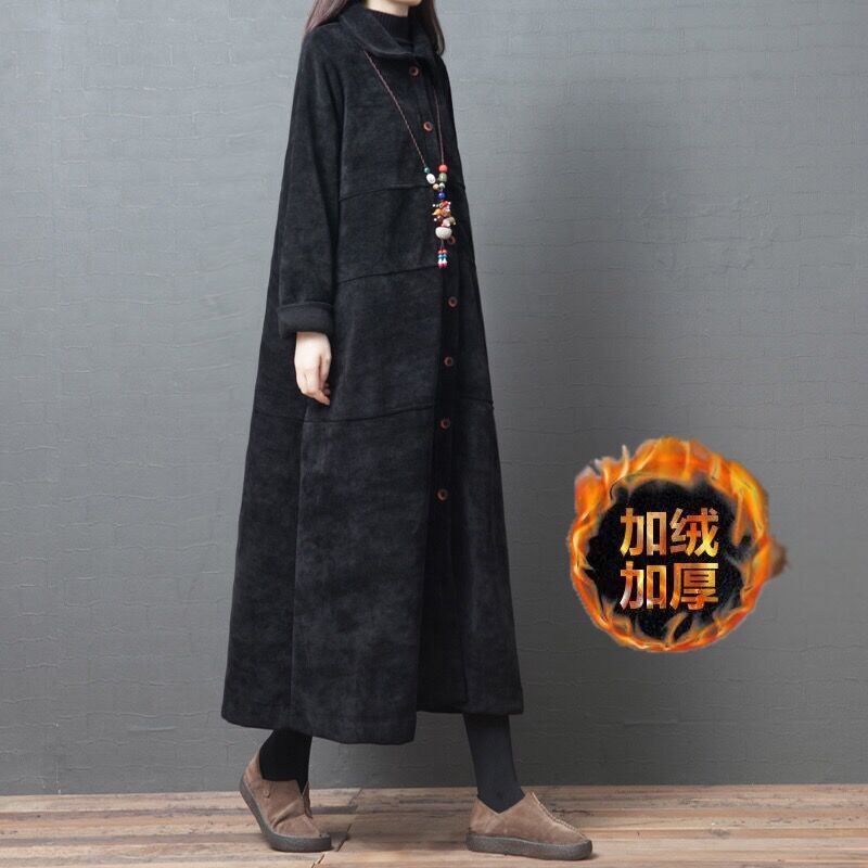Autumn and Winter Retro Large Size Fleece-Lined Thickened Corduroy Trench Coat for Women, Loose Long-Sleeved Over-The-Knee Corduroy Shirt Dress
