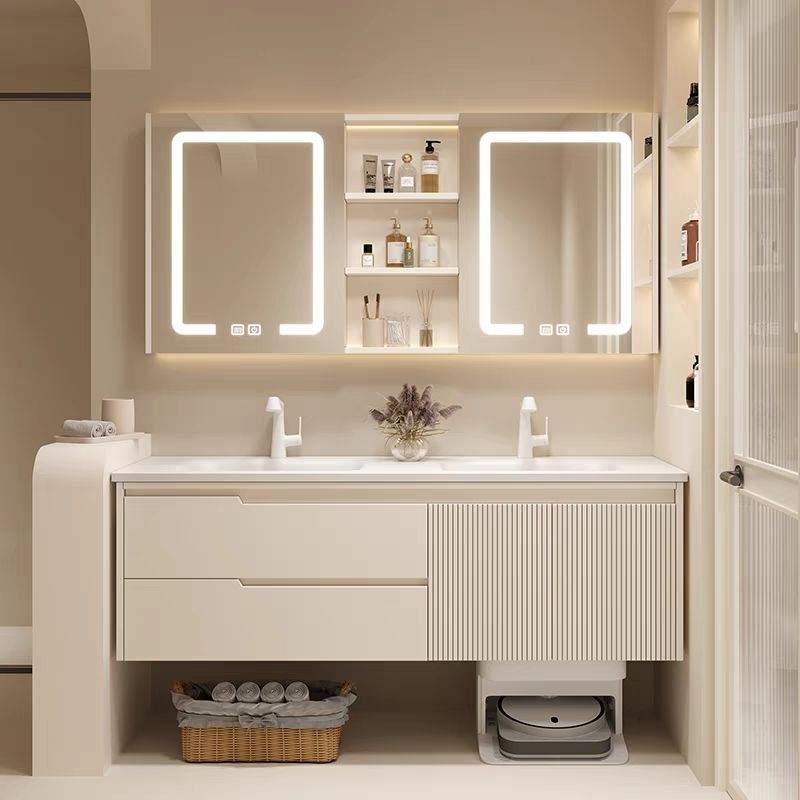 French Cream Style Bathroom Cabinet Combination Large Apartment Ceramic Integrated Double Basin Wash Basin with Sweeping Robot