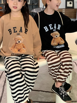 High-end parent-child clothing 2023 new trendy autumn clothing Korean style mother-child clothing Western style mother-daughter brother and sister striped pants versatile trousers