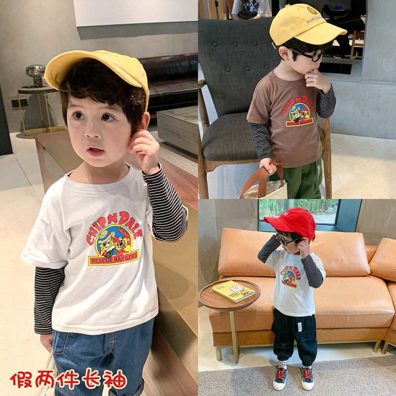 Boys baby T-shirts long-sleeved spring and autumn clothes children's cartoon bottoming shirts round neck striped fake two-piece cotton tops tide