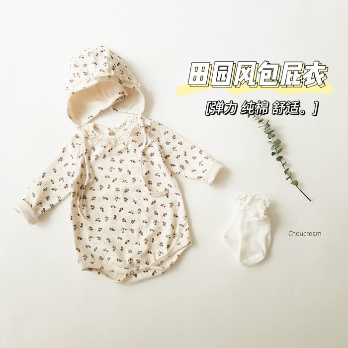 Baby long-sleeved triangle romper bag fart clothes floral stretch cotton princess cute super cute girl baby autumn romper