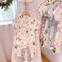 Baby gauze sleeping bag bamboo fiber ultra-thin short sleeve trousers jumpsuit baby summer air conditioning room kick-proof pajamas