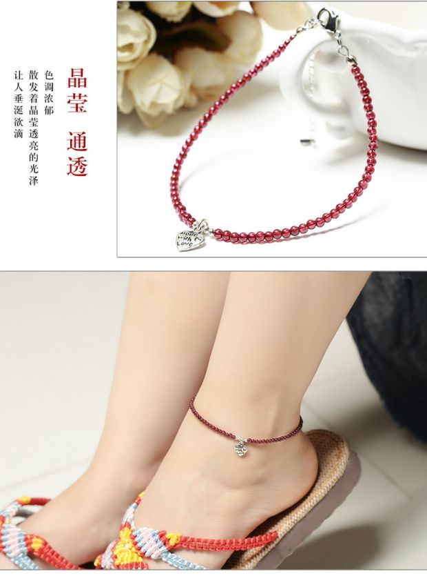 Rượu vang đỏ garnet vòng chân nữ trang sức pha lê nữ mùa hè năm nay handmade thời trang dệt dây đỏ vòng đeo chân nữ